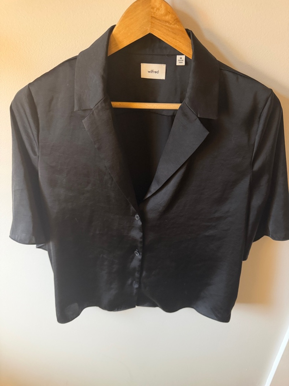 Wilfred Black Satin Short-Sleeve Button Down Top